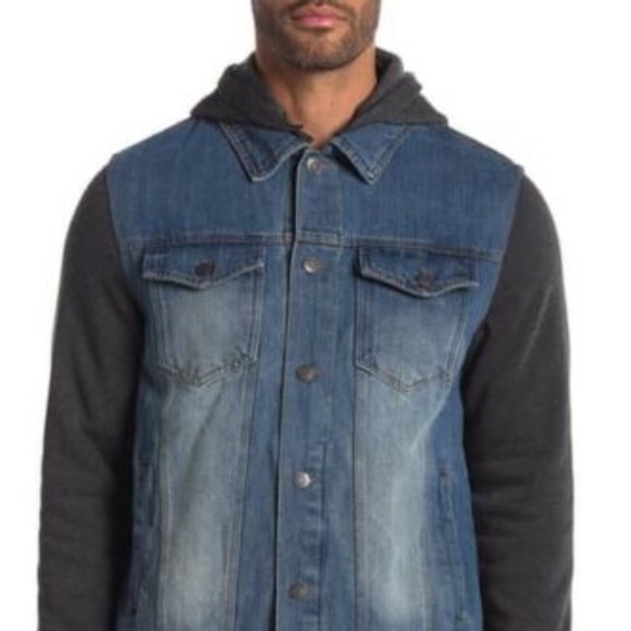 PX Men's Quinn Blue Denim Jacket with Detachable Hoodie Point collar Size Large - Picture 3 of 7